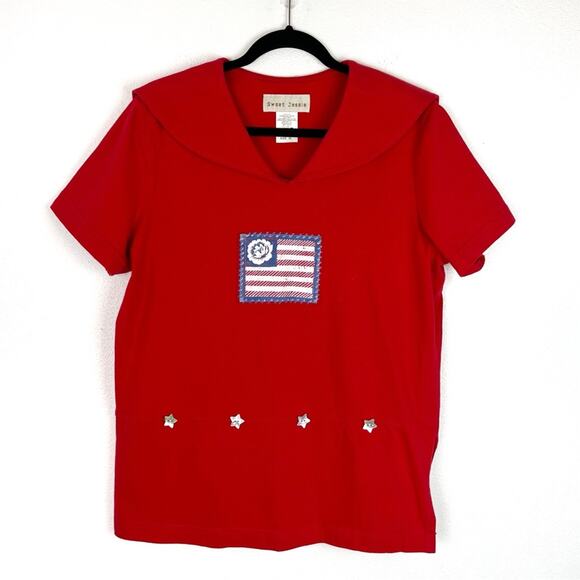 Vintage Sweet Jessie Womens Top Sailor Collar V-Neck Flag Fourth of July XL - Picture 1 of 7